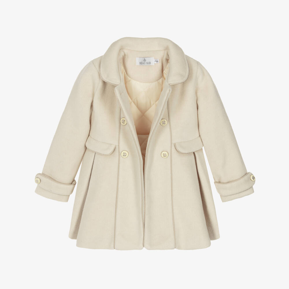Beau KiD-Girls Ivory Double-Breasted Coat & Beret Set | Childrensalon
