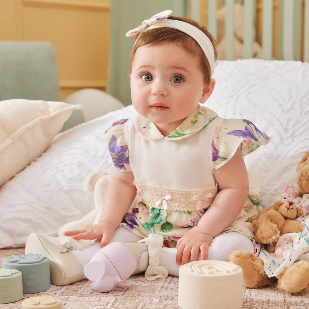 Beau KiD-Girls Ivory Floral Cotton Babysuit Set | Childrensalon