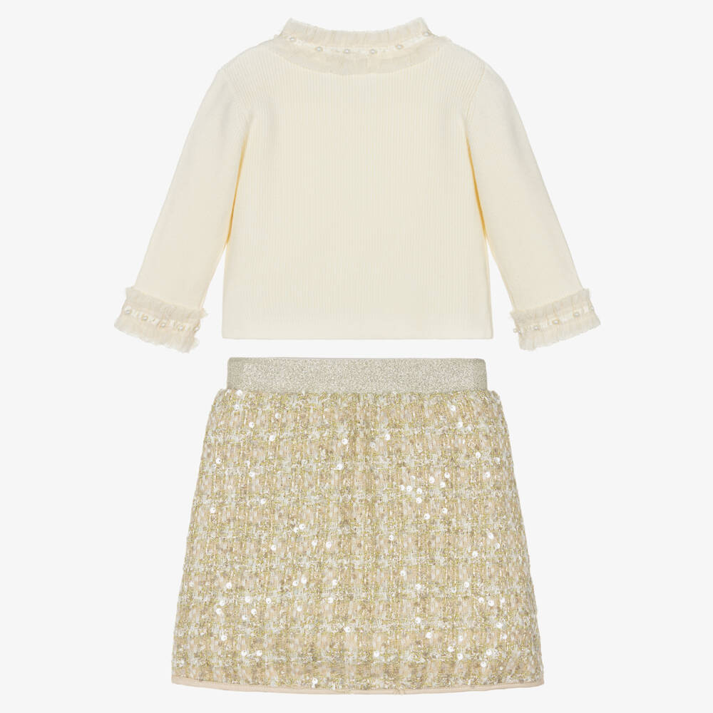 Beau KiD-Girls Ivory & Gold Sequinned Tweed Skirt Set | Childrensalon