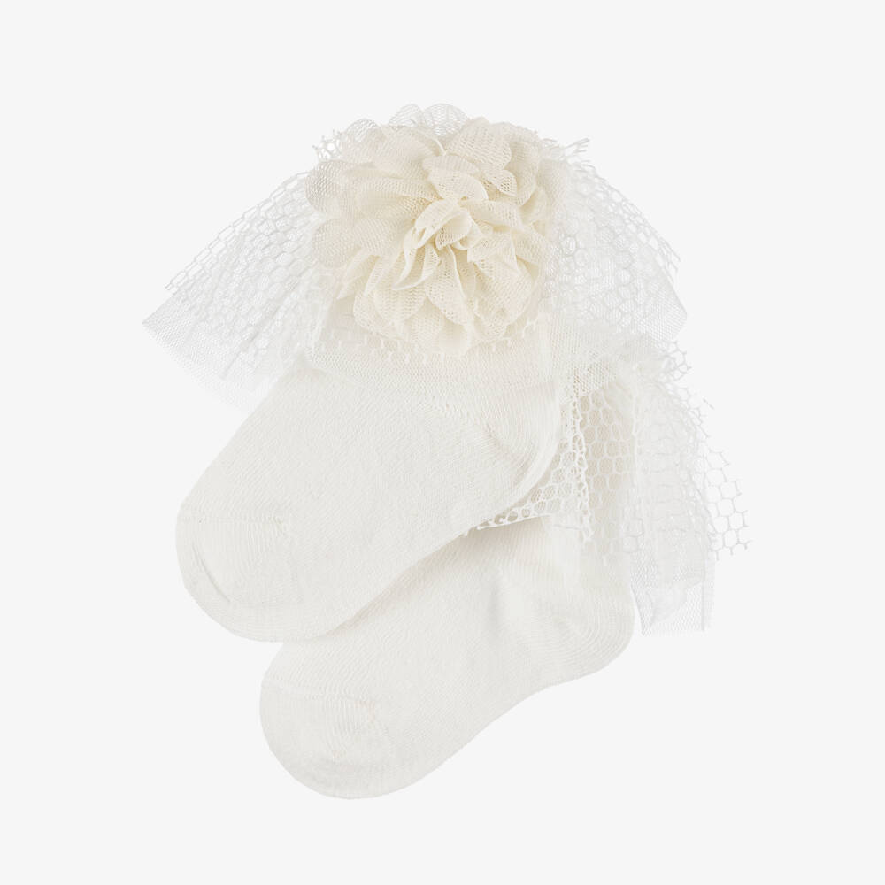 Beau KiD-Girls Ivory Lace Flower Socks | Childrensalon