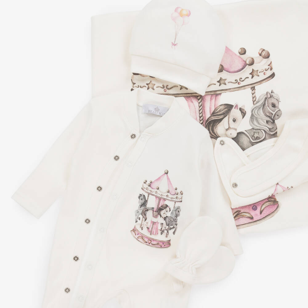 Beau KiD-طقم أفرول قطن لون زهري وعاجي للمولودات | Childrensalon