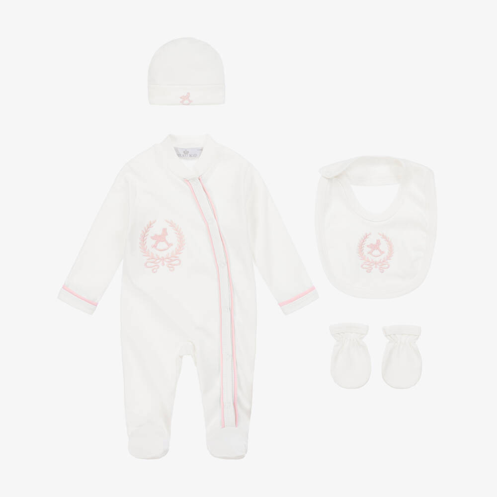 Beau KiD-طقم أفرول أطفال بناتي قطن جيرسي لون عاجي و زهري | Childrensalon