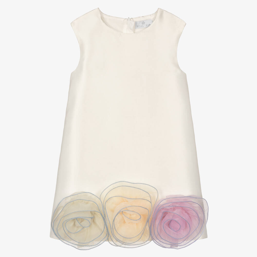 Beau KiD-Girls Ivory Satin Dress with Large Tulle Flowers | Childrensalon