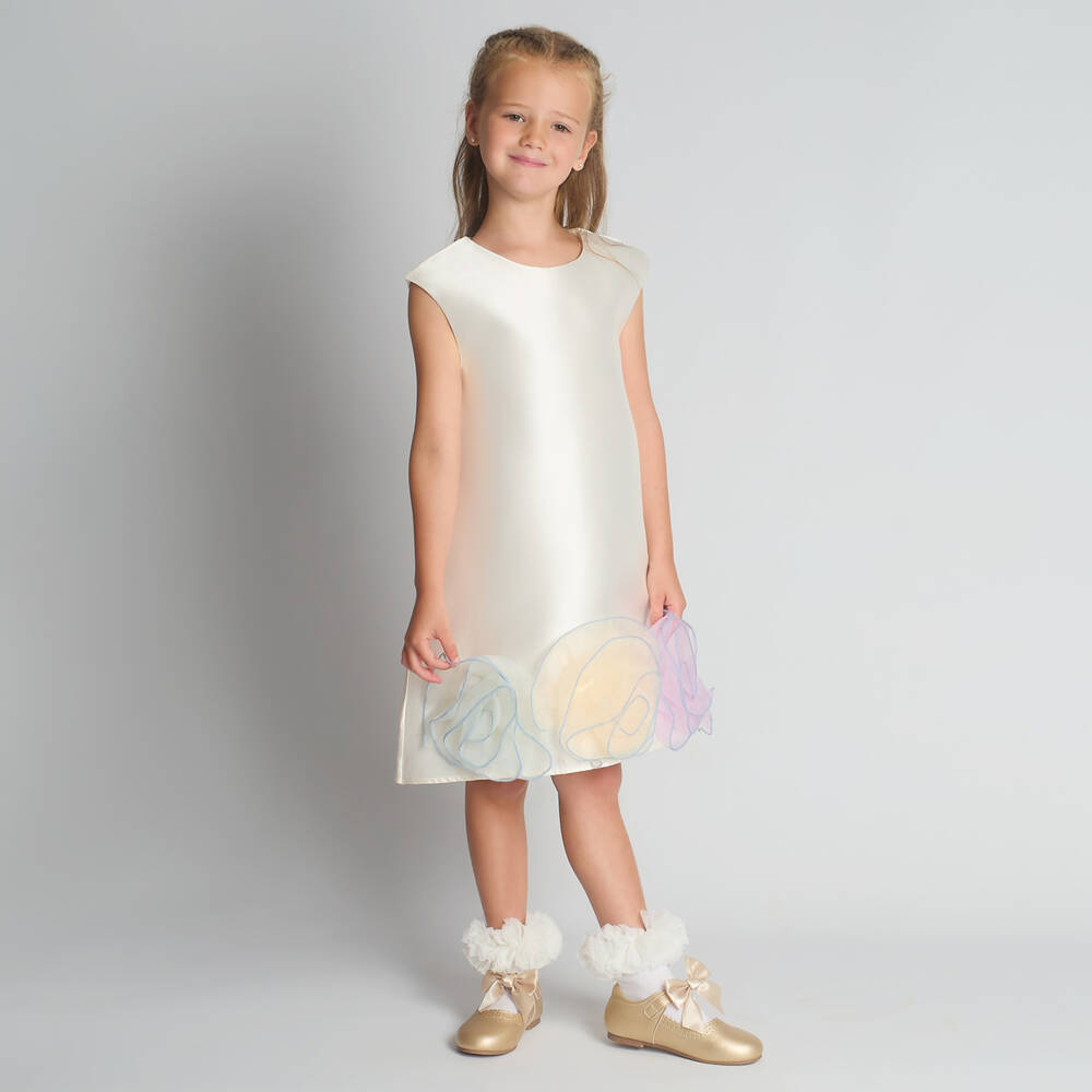 Beau KiD-Girls Ivory Satin Dress with Large Tulle Flowers | Childrensalon