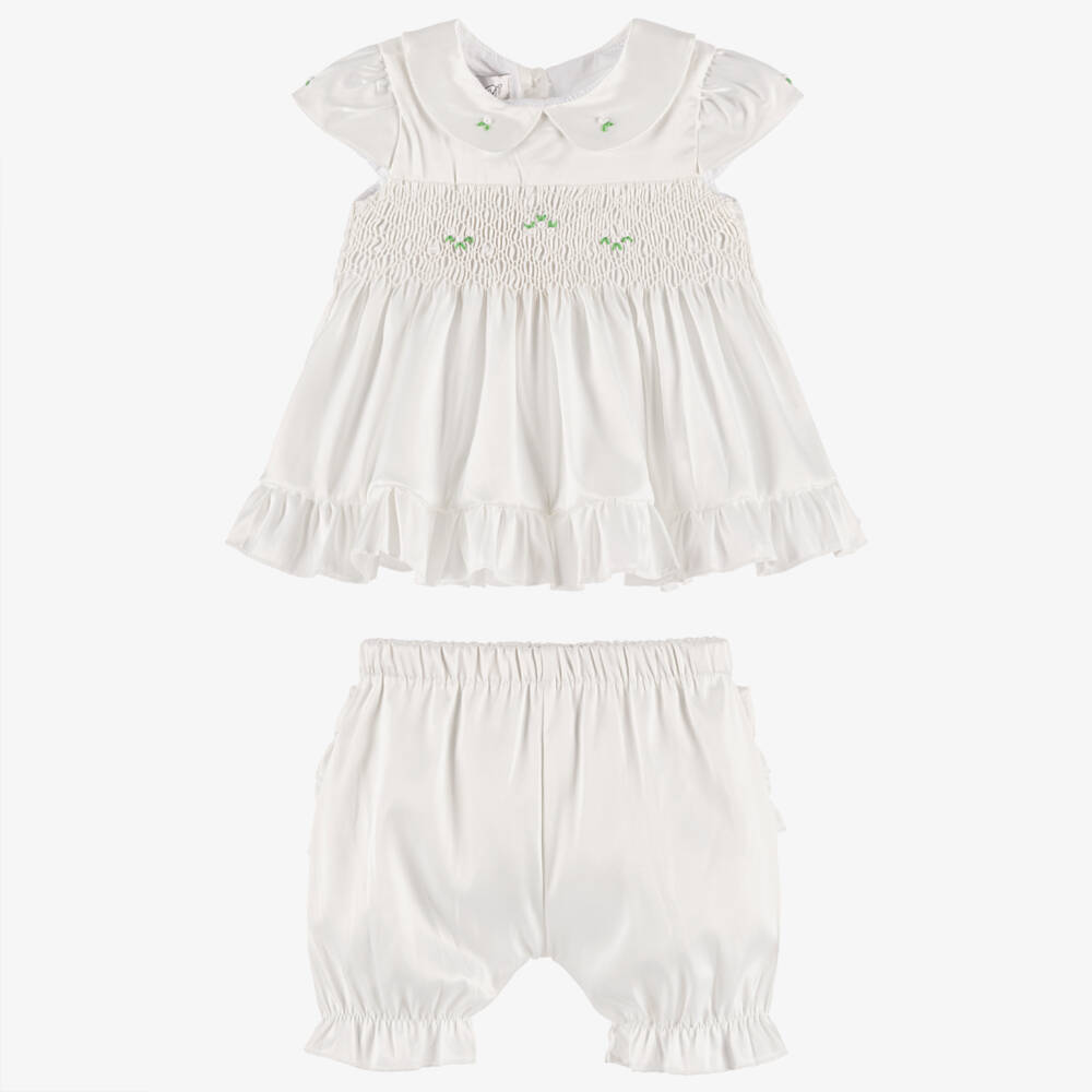 Beau KiD-Girls Ivory Satin Smocked Dress Set | Childrensalon