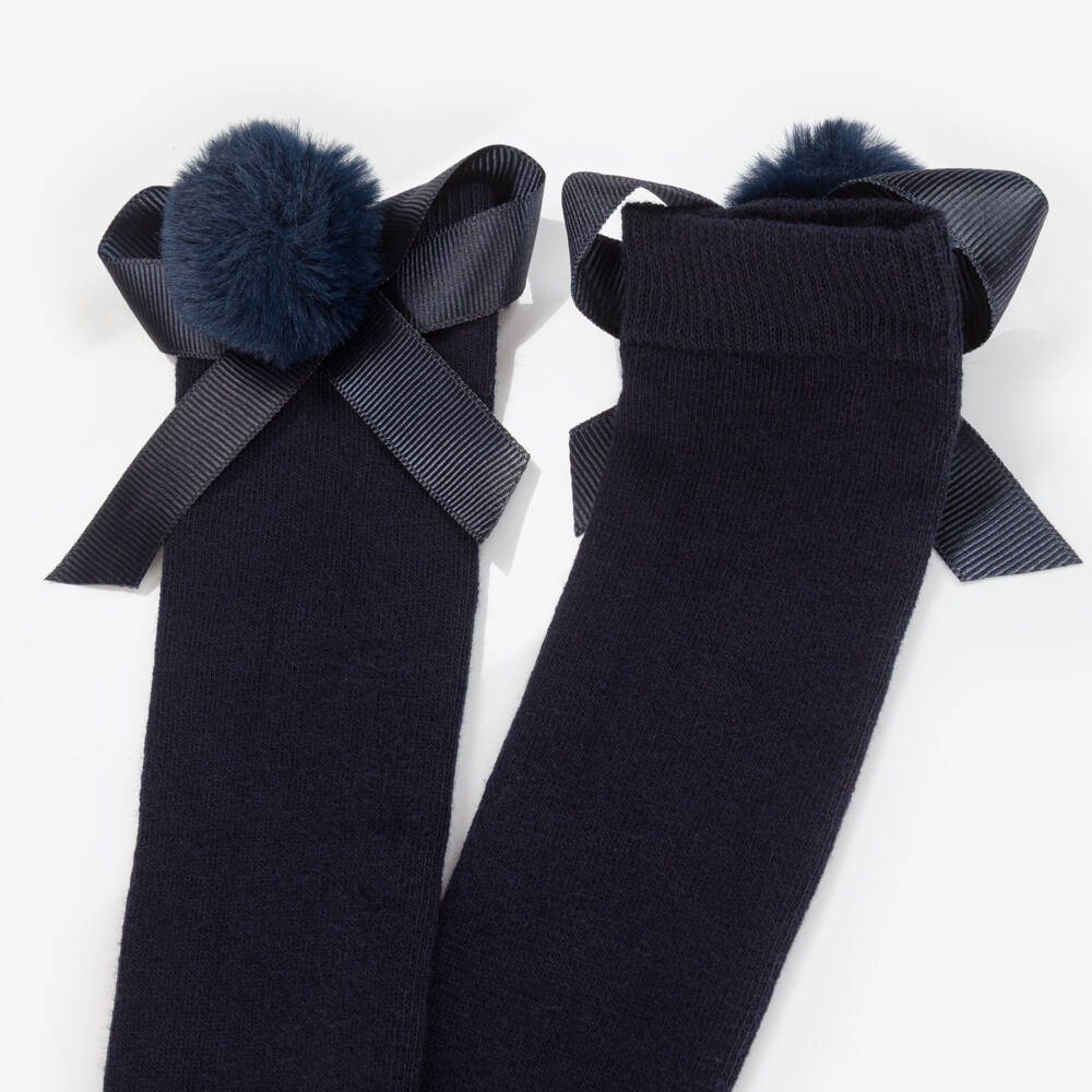 Beau KiD-جوارب طويلة بوم بوم وفيونكة لون كحلي للبنات  | Childrensalon