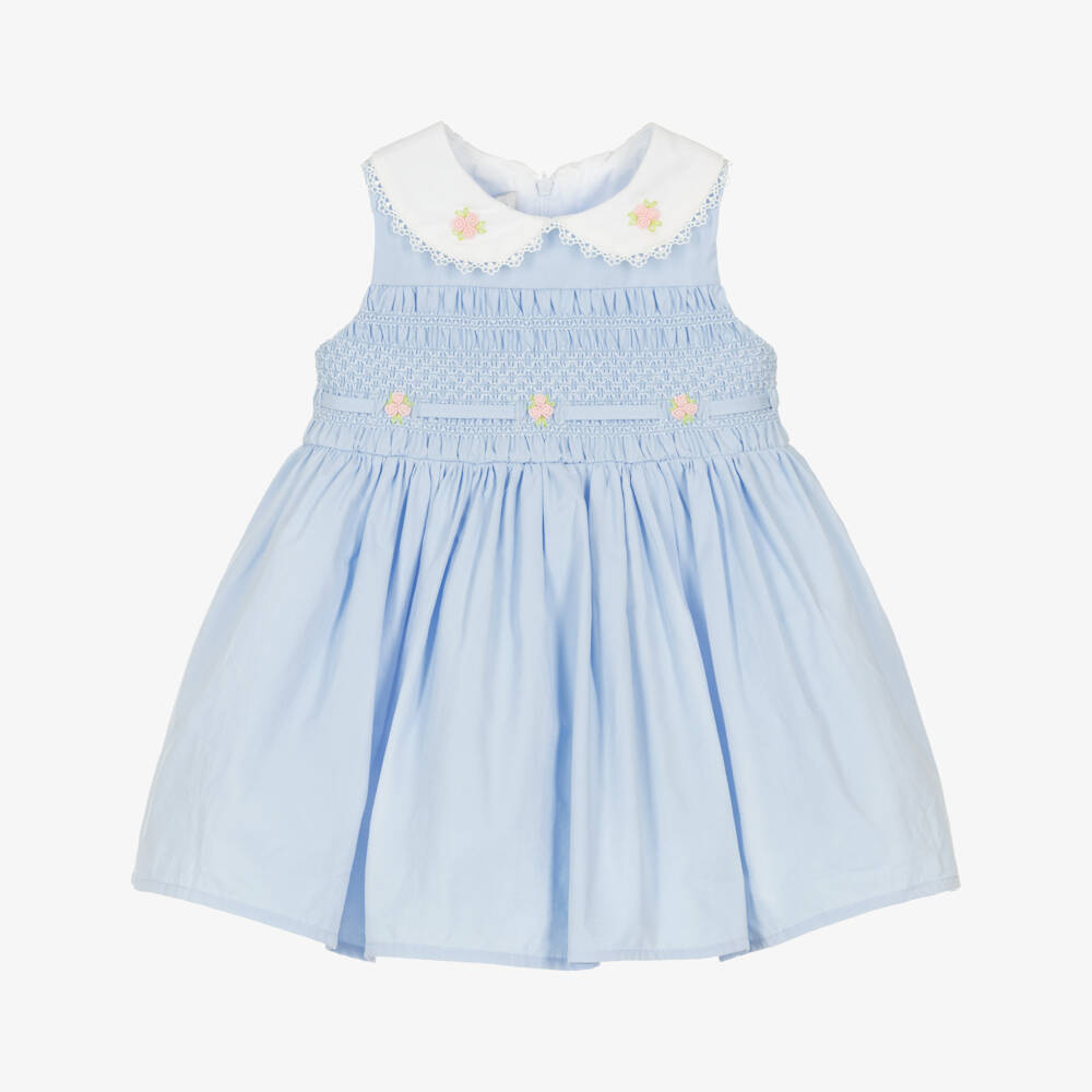 Beau KiD-Girls Pale Blue Smocked Cotton Dress | Childrensalon