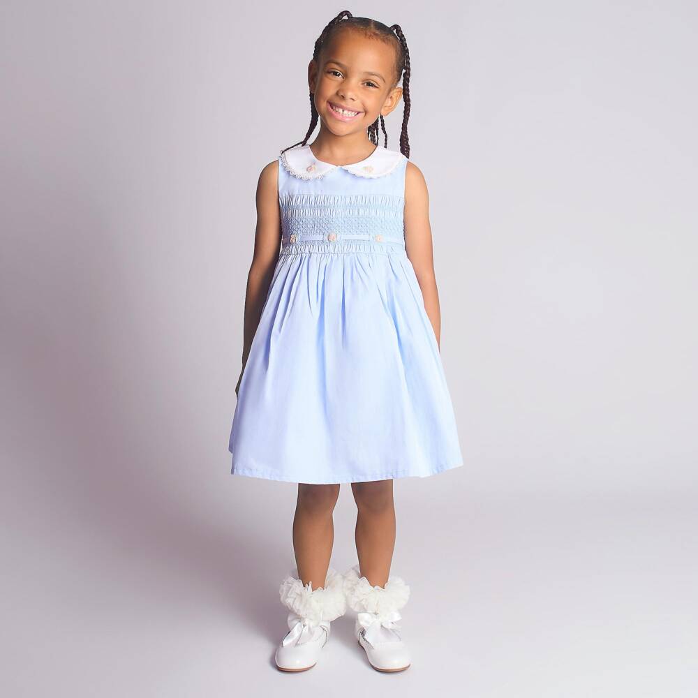 Beau KiD-Girls Pale Blue Smocked Cotton Dress | Childrensalon