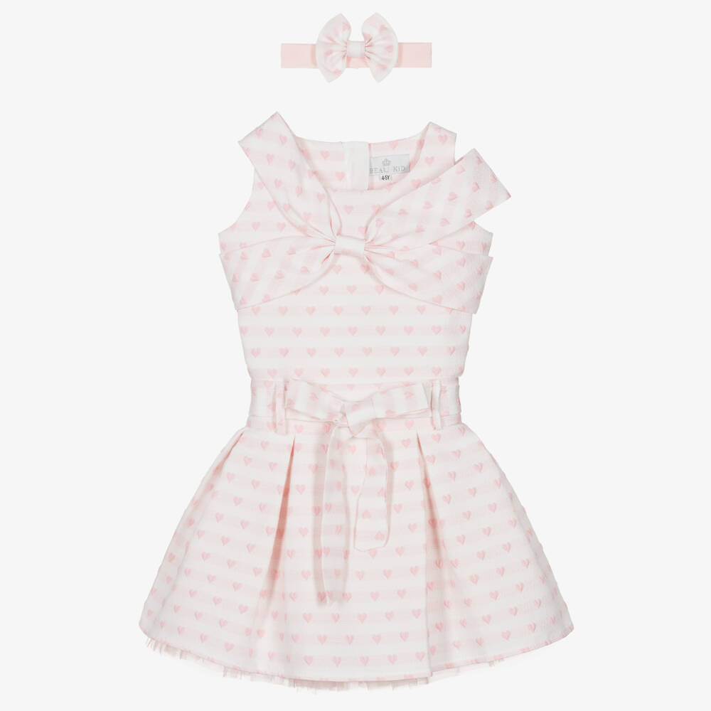 Beau KiD-Girls Pale Pink Jacquard Skirt Set with Hearts & Bows | Childrensalon