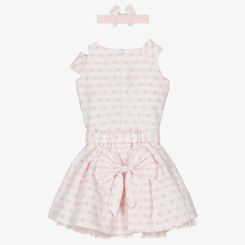 Beau KiD-Girls Pale Pink Jacquard Skirt Set with Hearts & Bows | Childrensalon