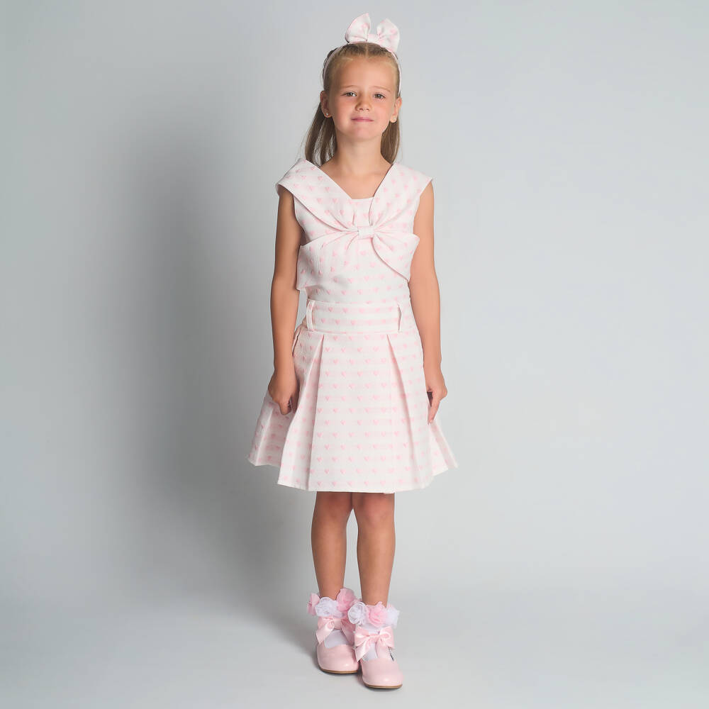 Beau KiD-Girls Pale Pink Jacquard Skirt Set with Hearts & Bows | Childrensalon