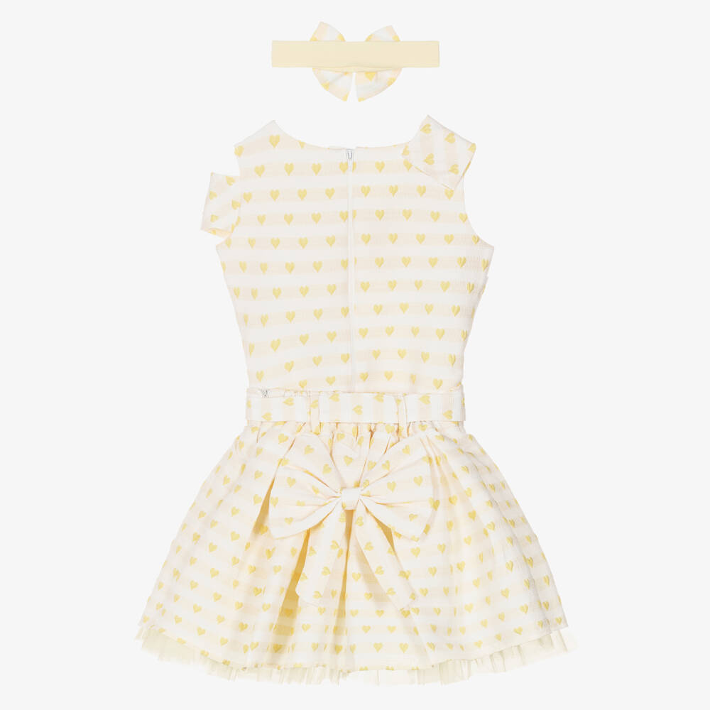 Beau KiD-Girls Pale Yellow Jacquard Skirt Set with Hearts & Bows | Childrensalon