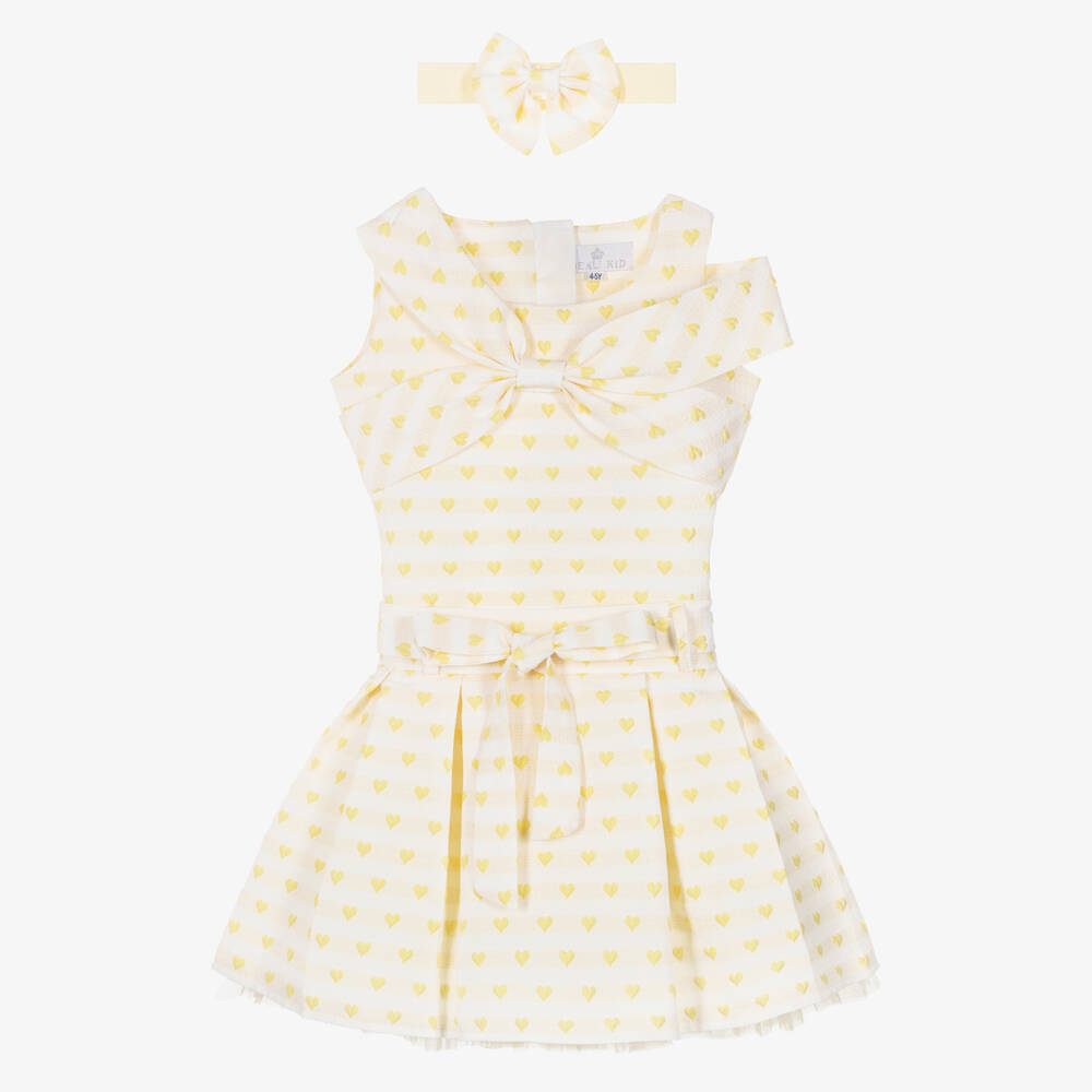 Beau KiD-Girls Pale Yellow Jacquard Skirt Set with Hearts & Bows | Childrensalon