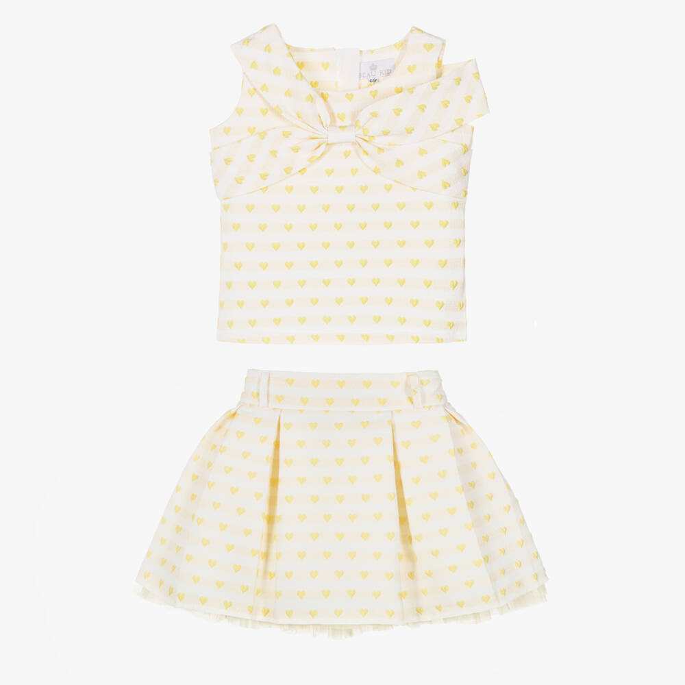 Beau KiD-Girls Pale Yellow Jacquard Skirt Set with Hearts & Bows | Childrensalon