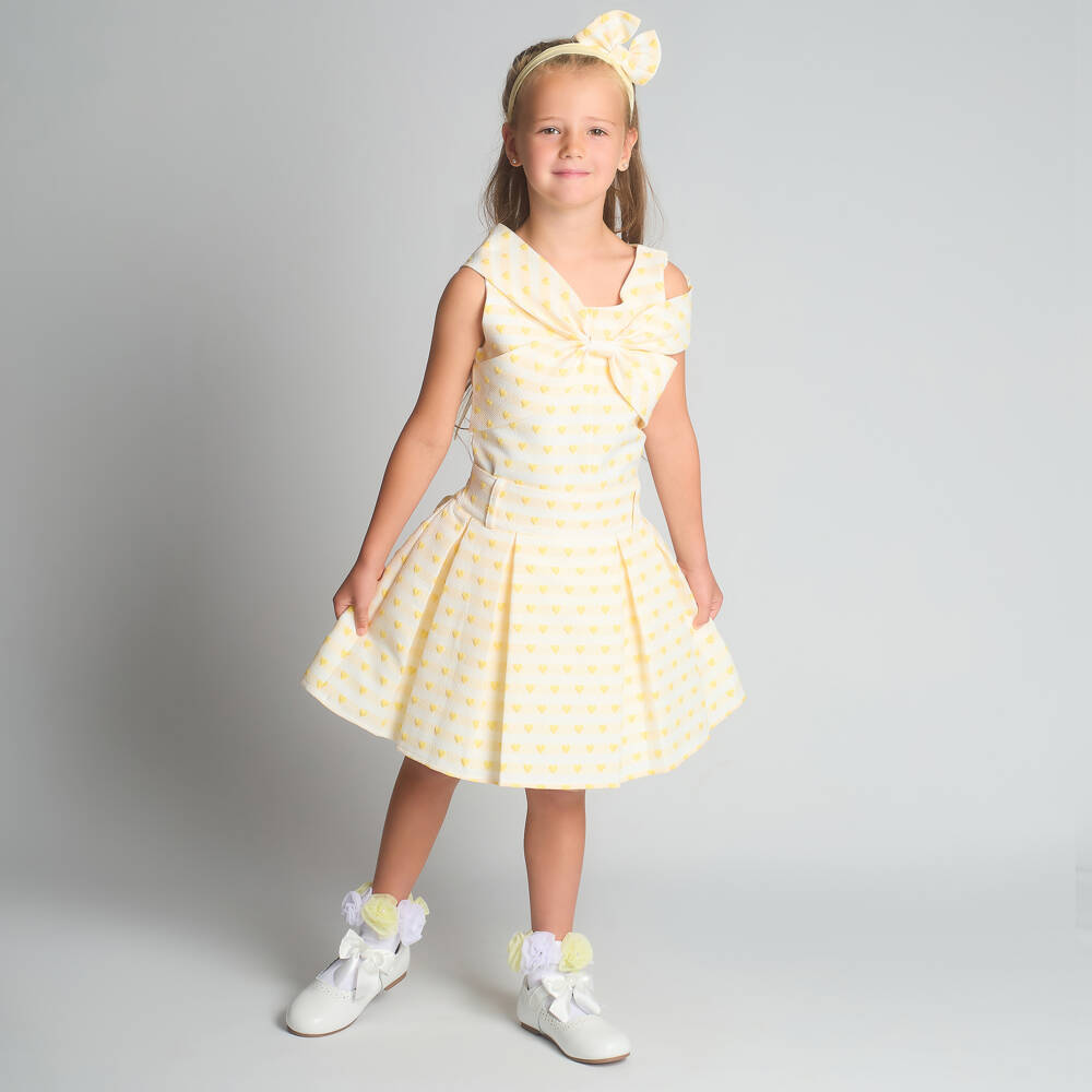 Beau KiD-Girls Pale Yellow Jacquard Skirt Set with Hearts & Bows | Childrensalon