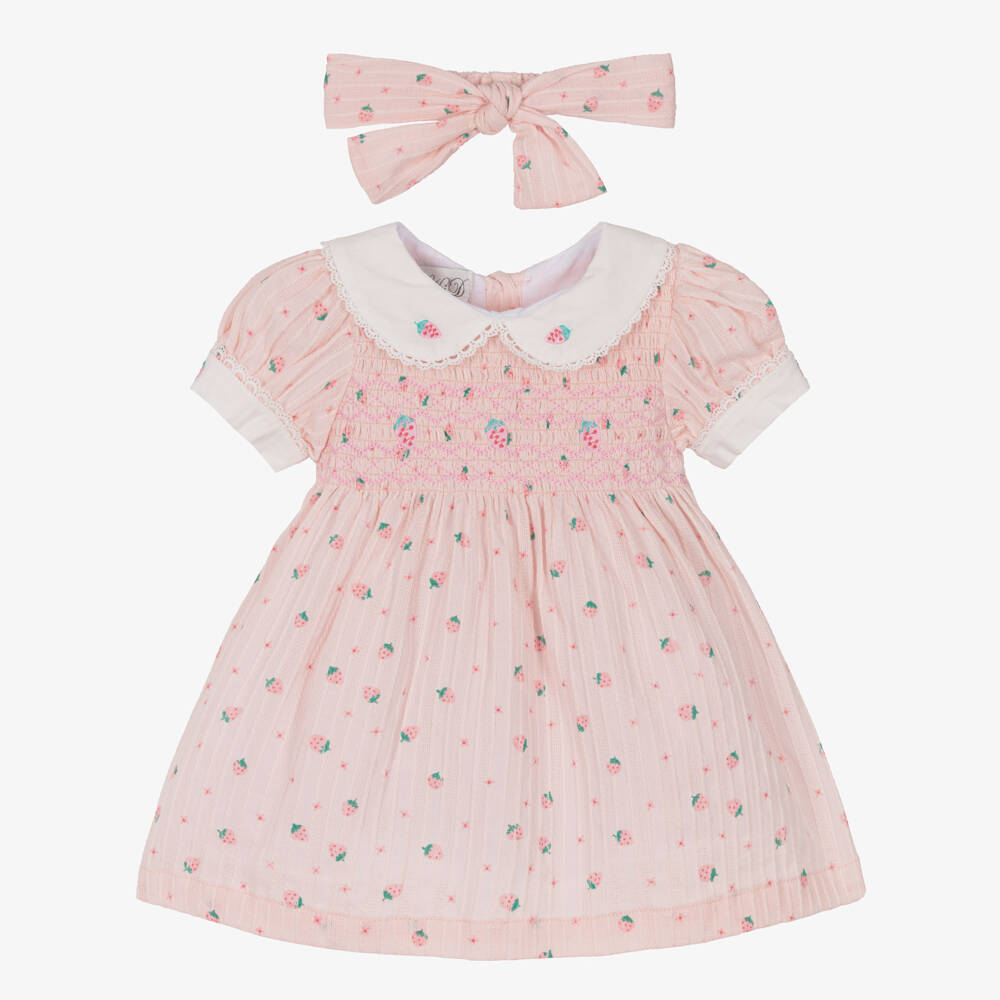 Beau KiD-Girls Pink Cotton Smocked Dress Set with Strawberry Print | Childrensalon