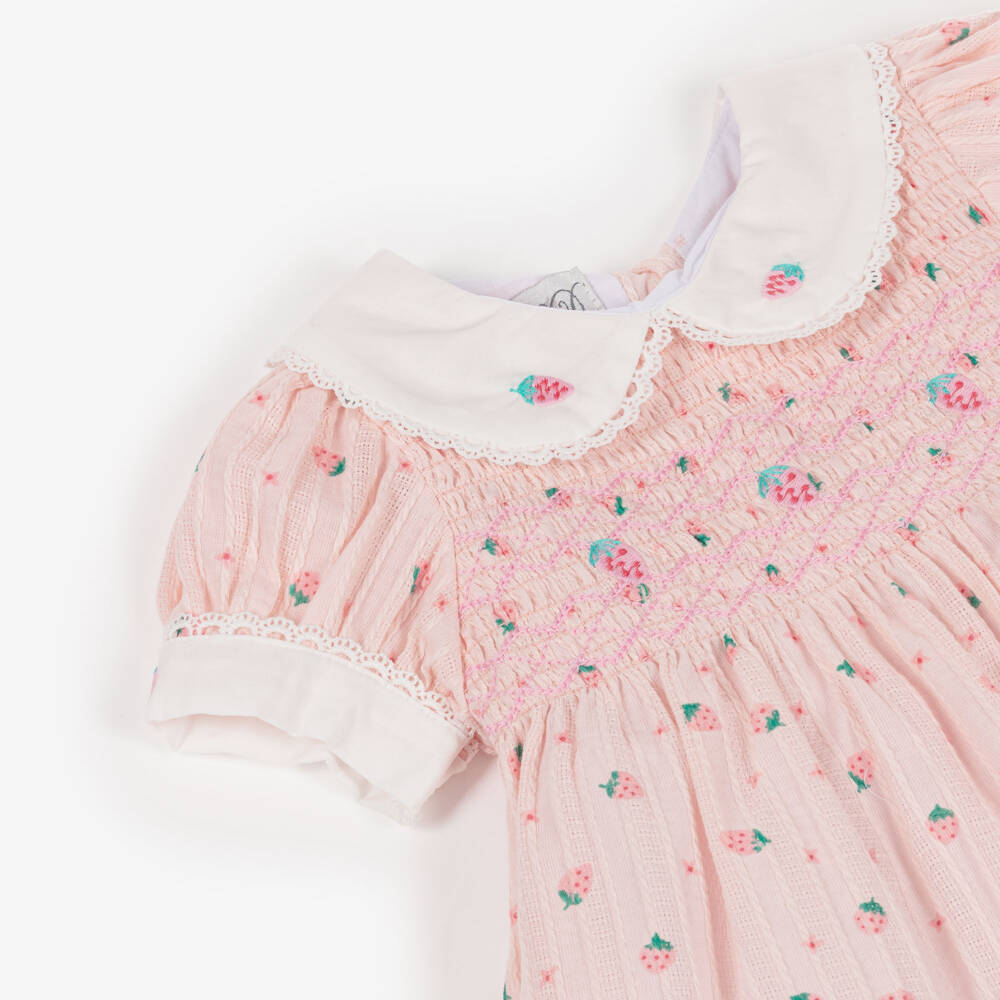 Beau KiD-Girls Pink Cotton Smocked Dress Set with Strawberry Print | Childrensalon