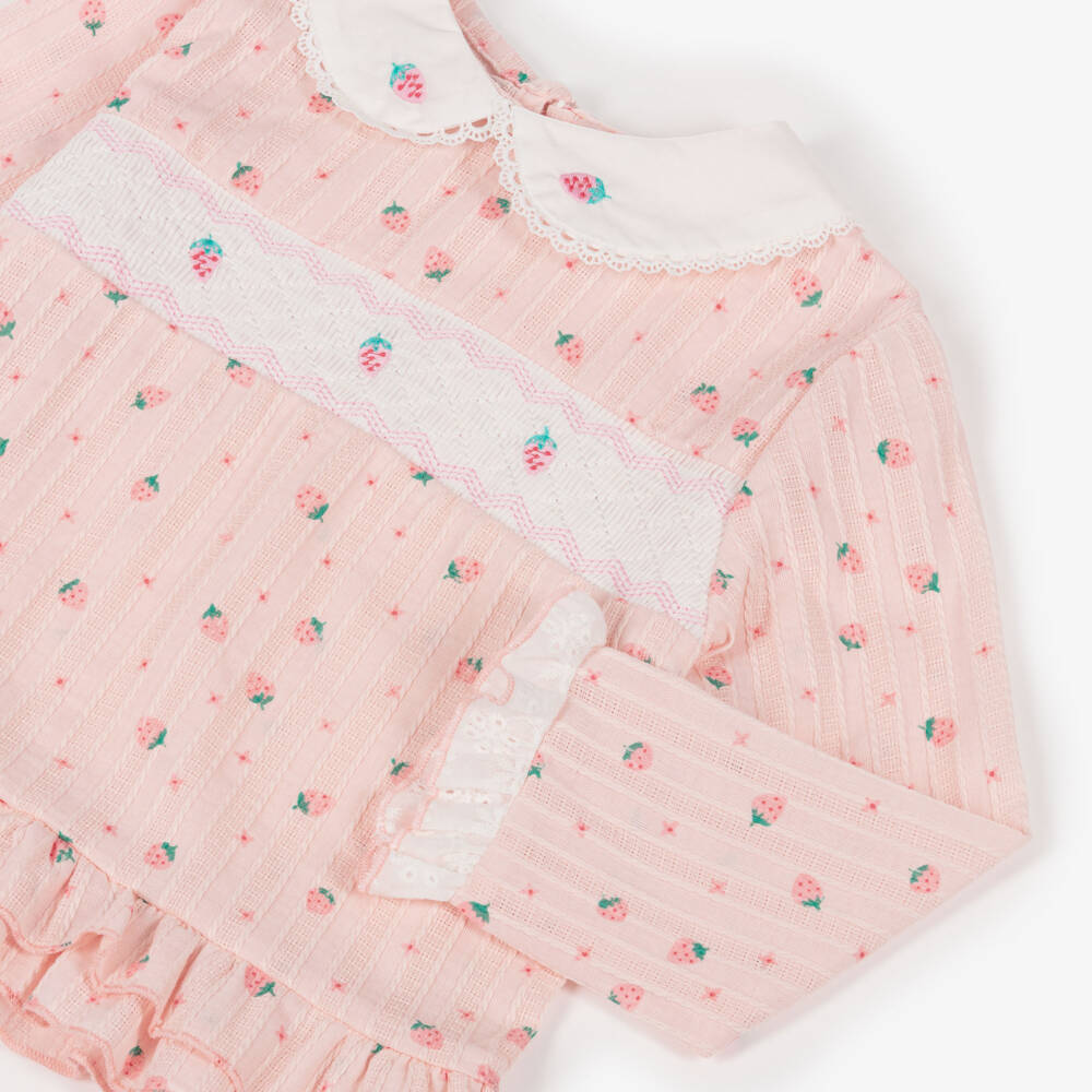 Beau KiD-Girls Pink Cotton Smocked Pyjamas with Strawberry Print | Childrensalon