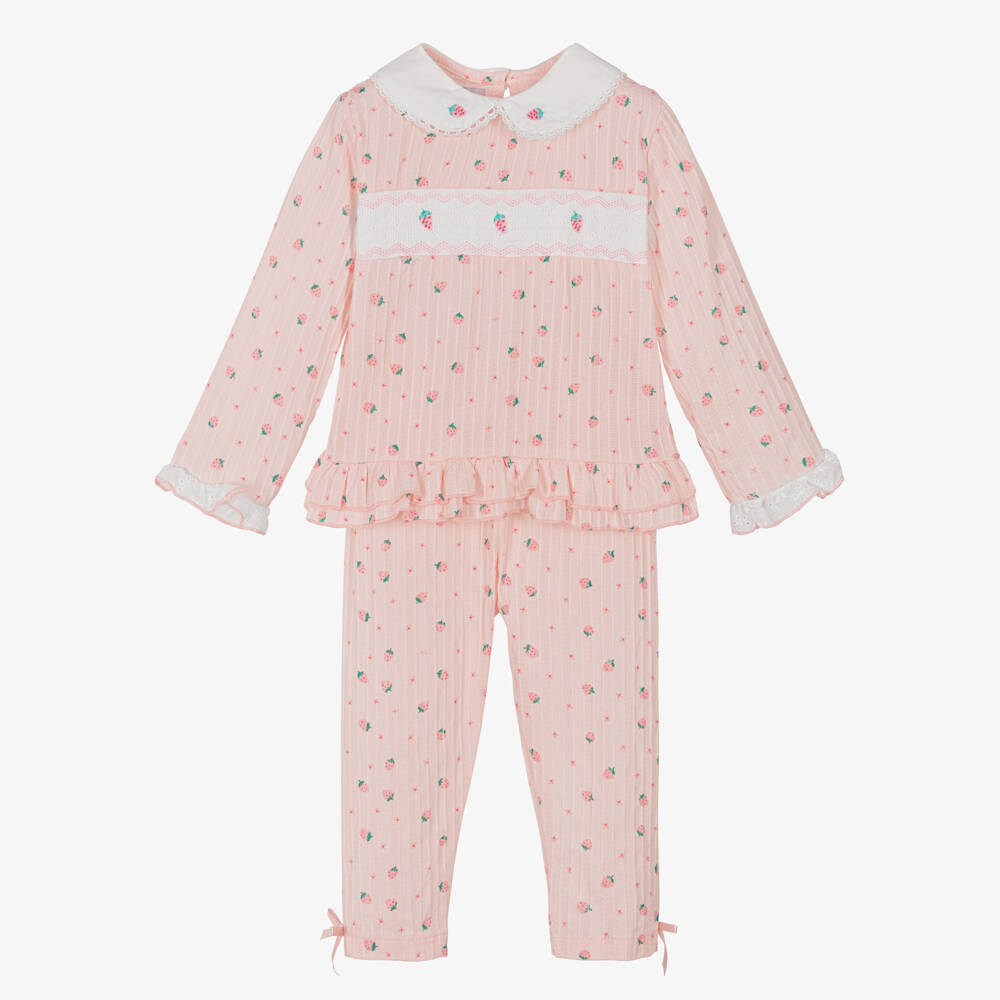 Beau KiD-Girls Pink Cotton Smocked Pyjamas with Strawberry Print | Childrensalon