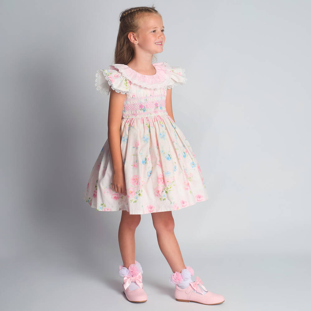 Beau KiD-Girls Pink Floral Print Smocked Cotton Dress | Childrensalon