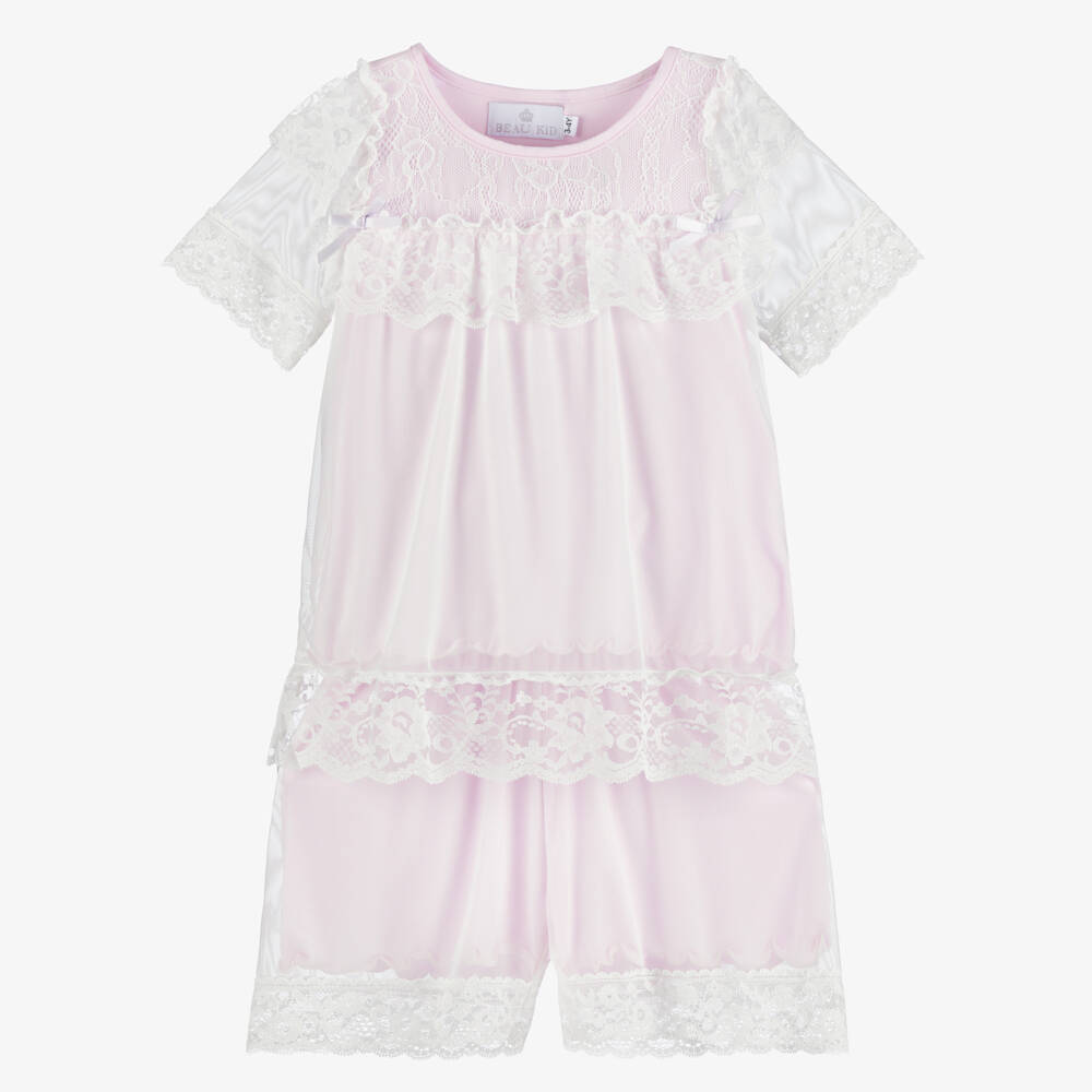 Beau KiD-Girls Pink Jersey & Tulle Pyjamas with Lace Trims | Childrensalon