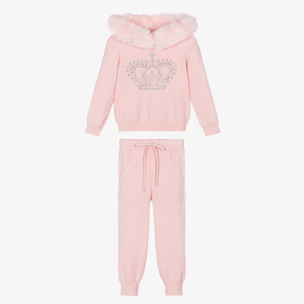 Beau KiD-Girls Pink Knitted Diamanté Crown Tracksuit | Childrensalon
