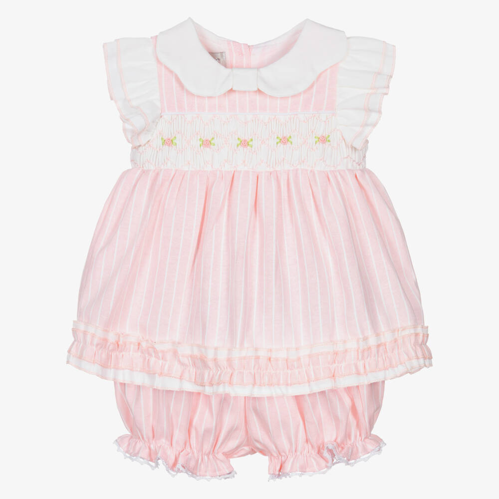Beau KiD-Girls Pink Striped Cotton Bloomer Shorts Set with Smocking | Childrensalon