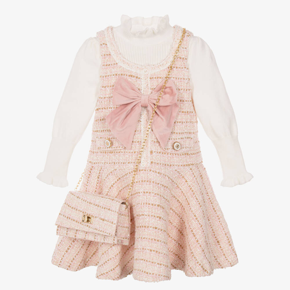 Beau KiD-Girls Pink Tweed Dress Set with Shoulder Bag | Childrensalon