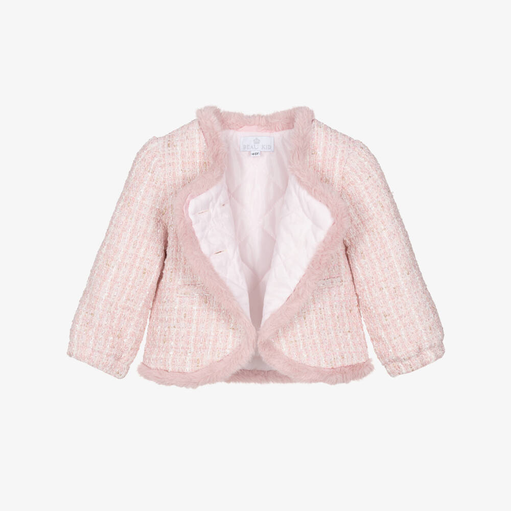 Beau KiD-Girls Pink Tweed Shorts Set with Faux Fur Trim  | Childrensalon