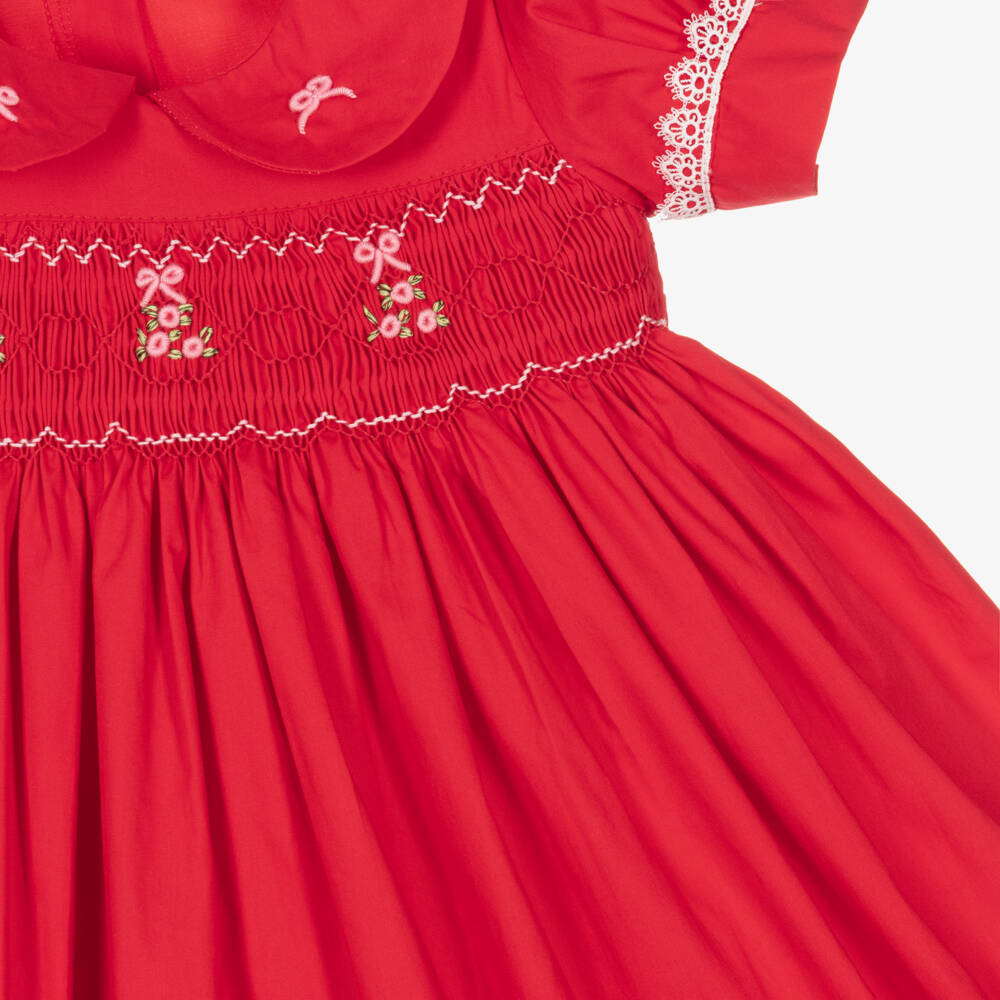 Beau KiD-Girls Red Smocked Cotton Dress | Childrensalon