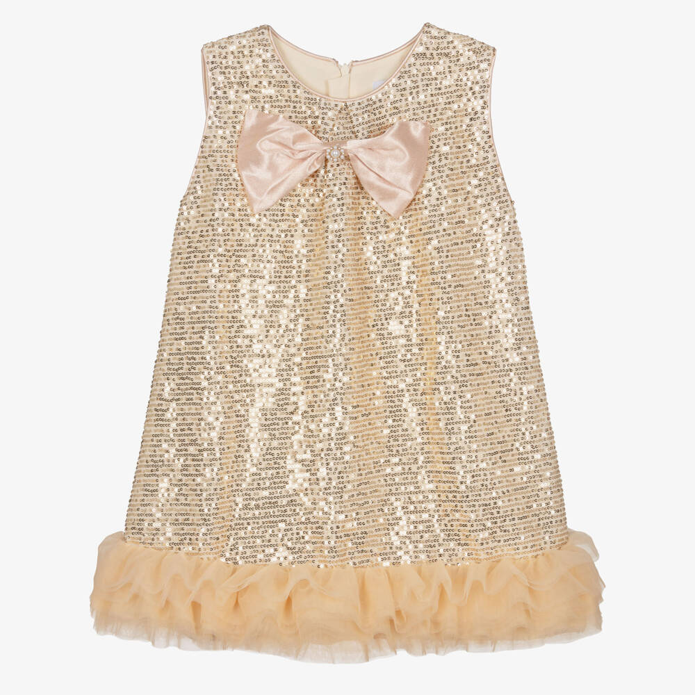 Beau KiD-Girls Rose Gold Sequin Dress with Tulle Hem | Childrensalon