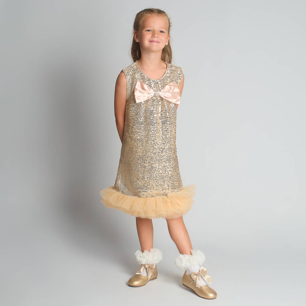Beau KiD-فستان ترتر بحافة تول لون ذهبي وردي للبنات | Childrensalon