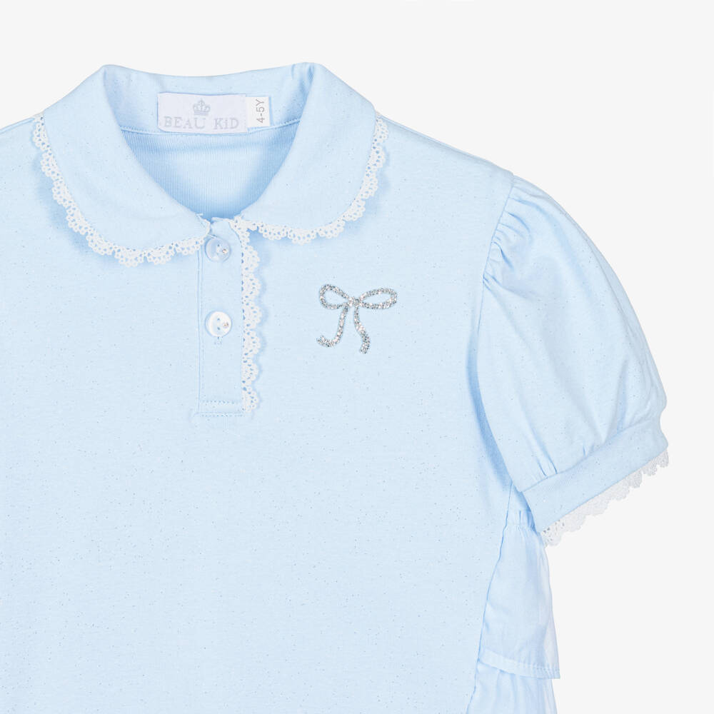 Beau KiD-Girls Sparkly Pale Blue Cotton Leggings Set with Glittery Bow | Childrensalon