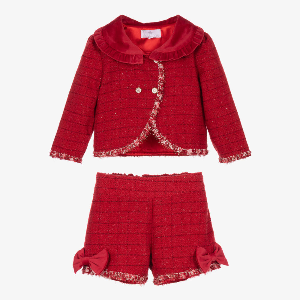Beau KiD-Girls Sparkly Red Tweed Shorts Set with Hat | Childrensalon