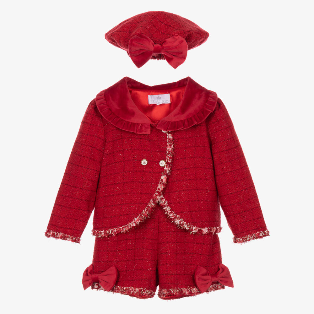 Beau KiD-Girls Sparkly Red Tweed Shorts Set with Hat | Childrensalon