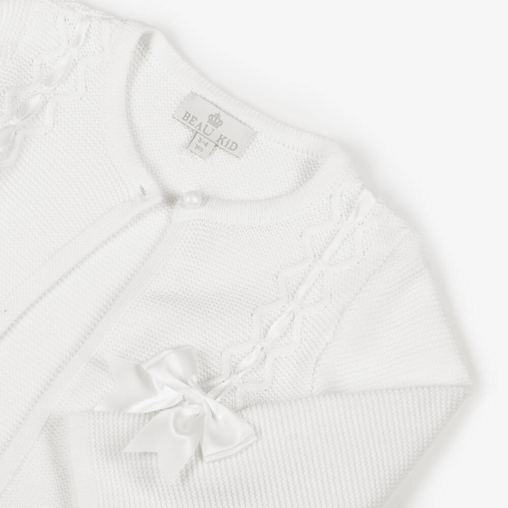 Beau KiD-Girls White Cotton Knit Bow Cardigan | Childrensalon