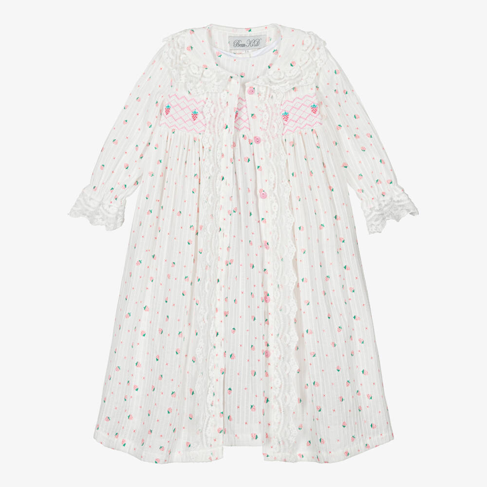 Beau KiD-Комплект ночной сорочки и халата белый хлопковый в клубничку для девочек | Childrensalon