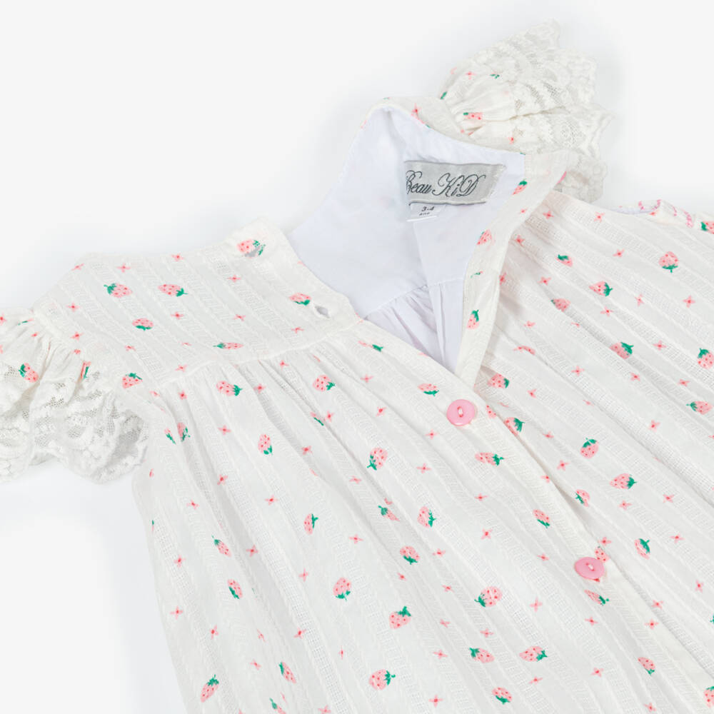 Beau KiD-طقم روب نوم قطن لون أبيض بطبعة فراولة للبنات  | Childrensalon