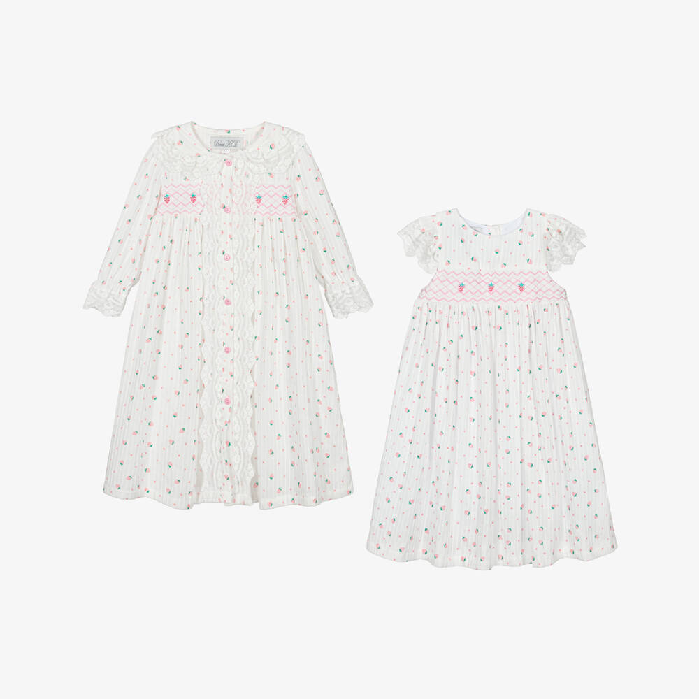 Beau KiD-طقم روب نوم قطن لون أبيض بطبعة فراولة للبنات  | Childrensalon