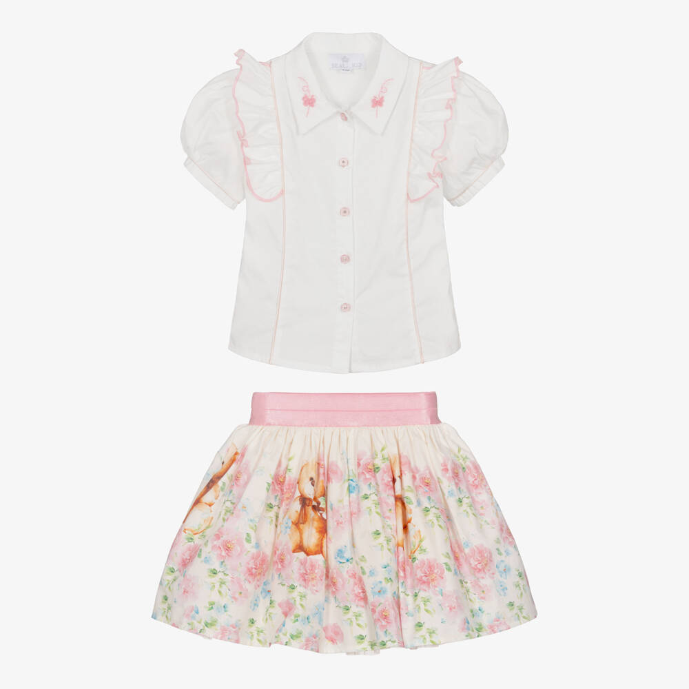 Beau KiD-Girls White Cotton Teddy & Flowers Skirt Set | Childrensalon