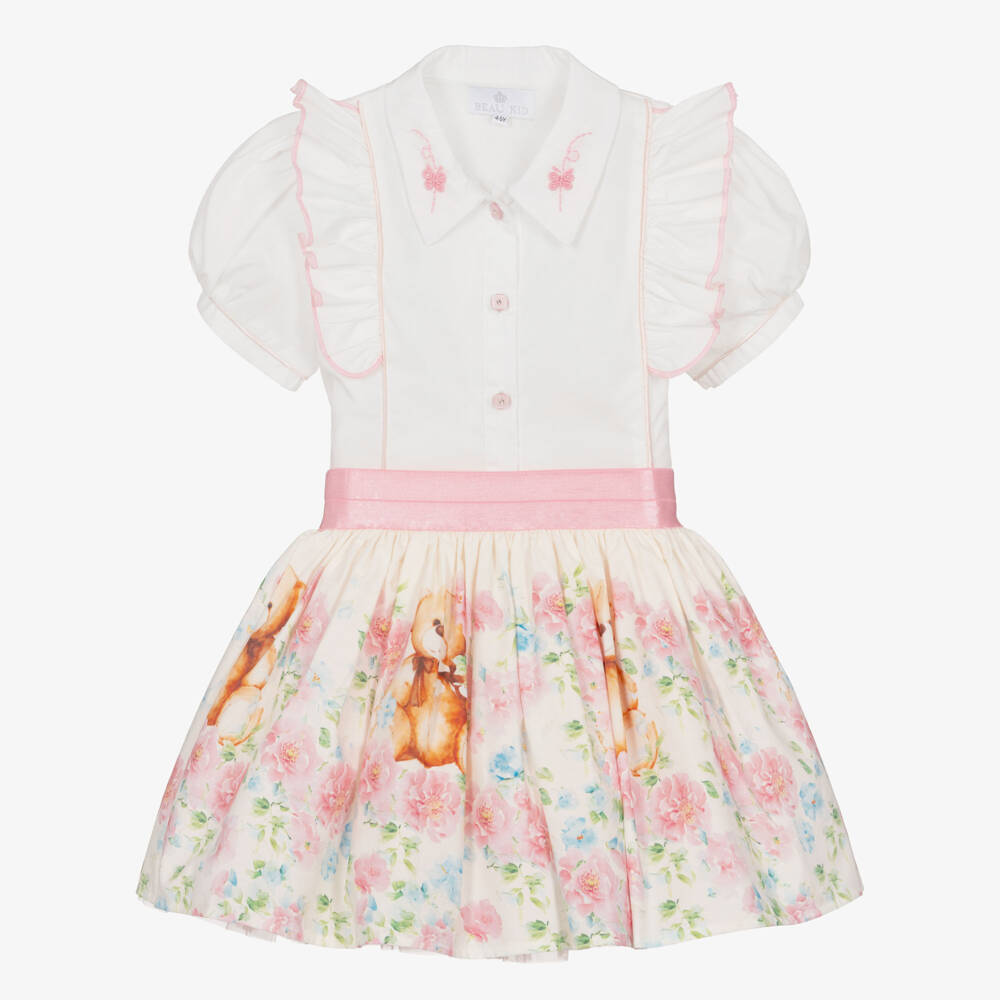 Beau KiD-Girls White Cotton Teddy & Flowers Skirt Set | Childrensalon