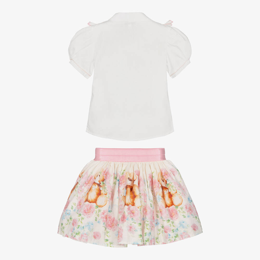 Beau KiD-Girls White Cotton Teddy & Flowers Skirt Set | Childrensalon