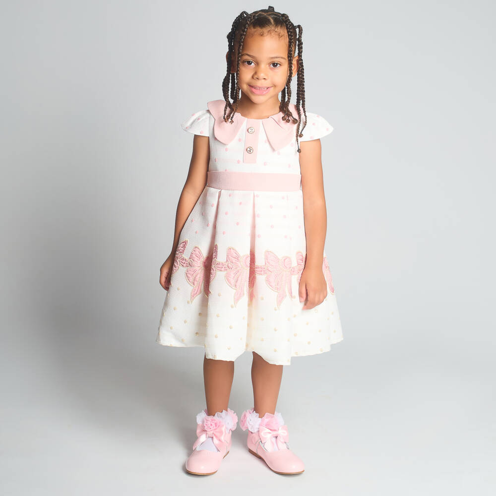 Beau KiD-Girls White & Pink Bow Jacquard Dress | Childrensalon