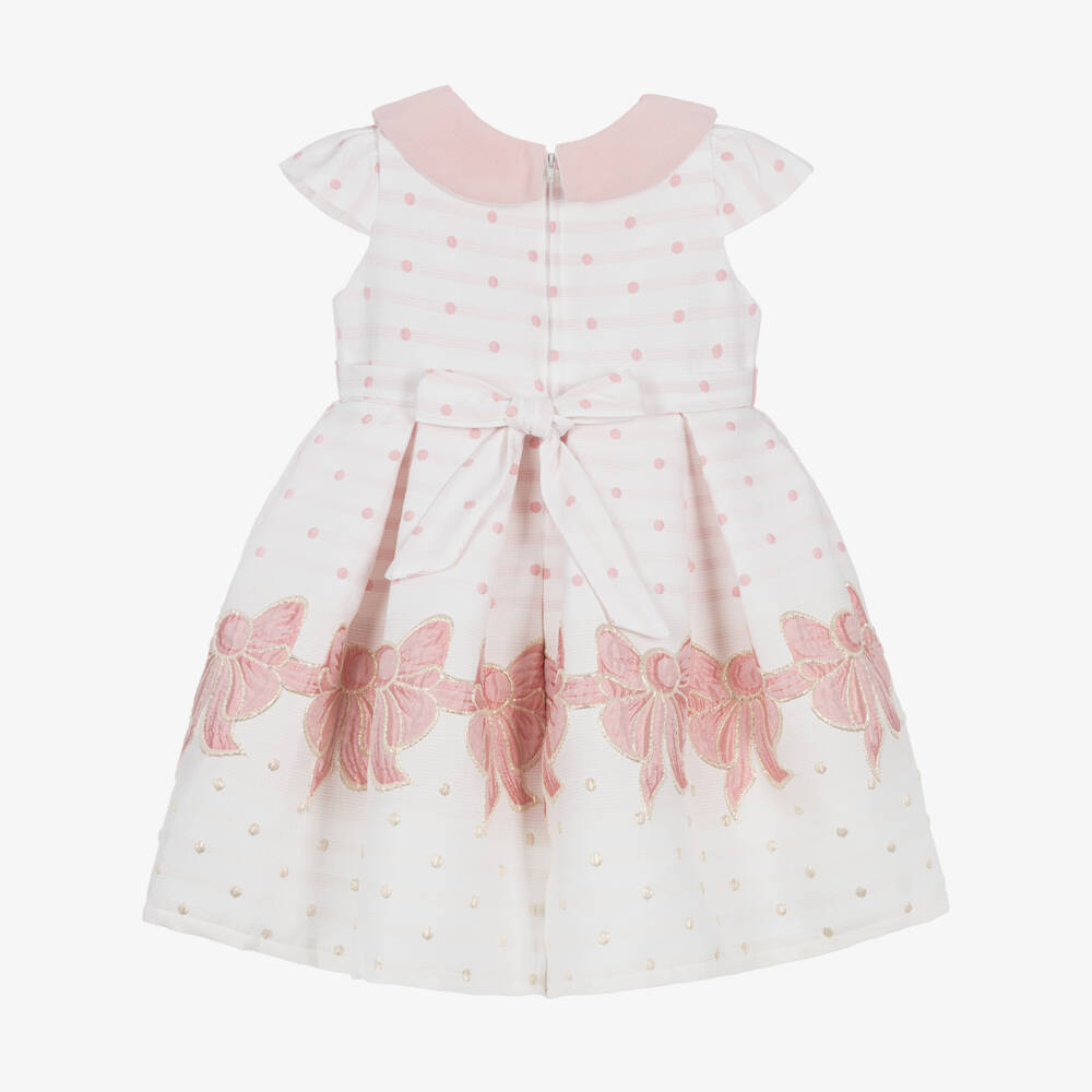 Beau KiD-Girls White & Pink Bow Jacquard Dress | Childrensalon