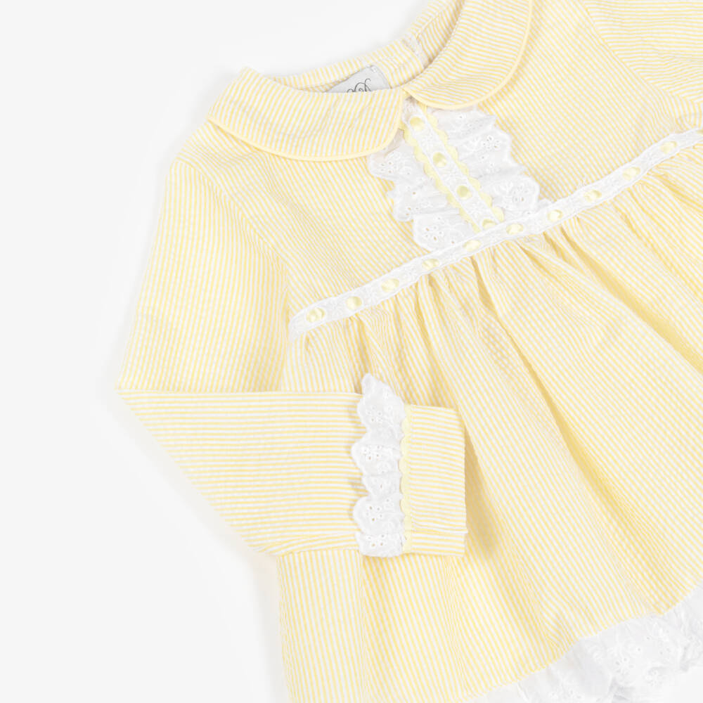 Beau KiD-Girls Yellow Seersucker Pyjamas with Lace Trims | Childrensalon