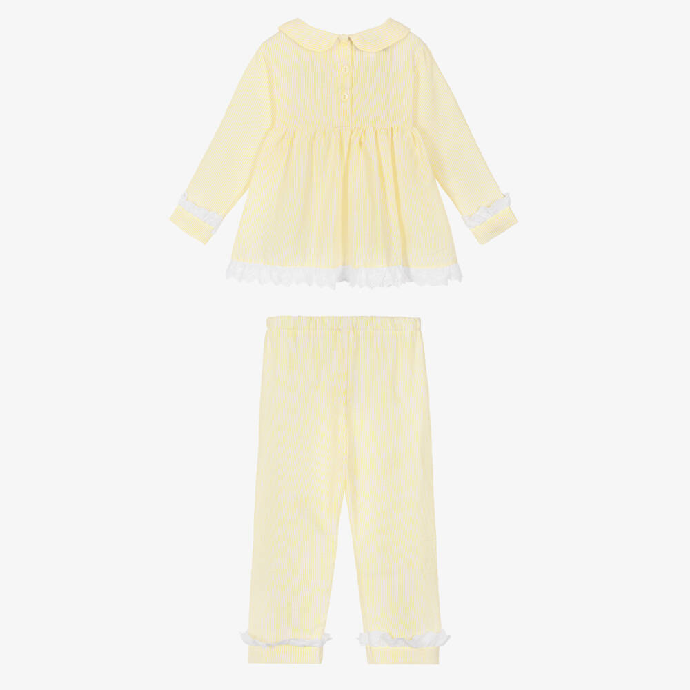 Beau KiD-Girls Yellow Seersucker Pyjamas with Lace Trims | Childrensalon