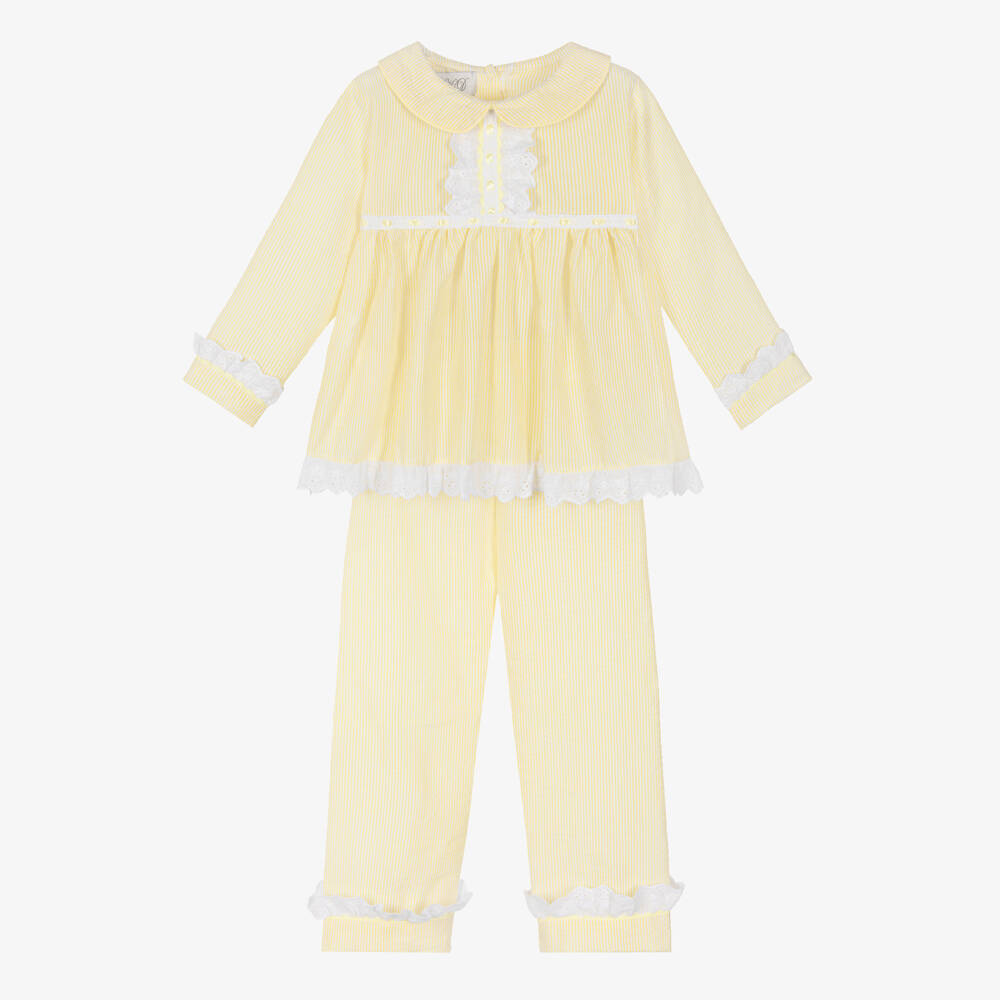 Beau KiD-Girls Yellow Seersucker Pyjamas with Lace Trims | Childrensalon