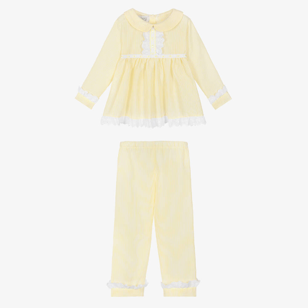 Beau KiD-Girls Yellow Seersucker Pyjamas with Lace Trims | Childrensalon