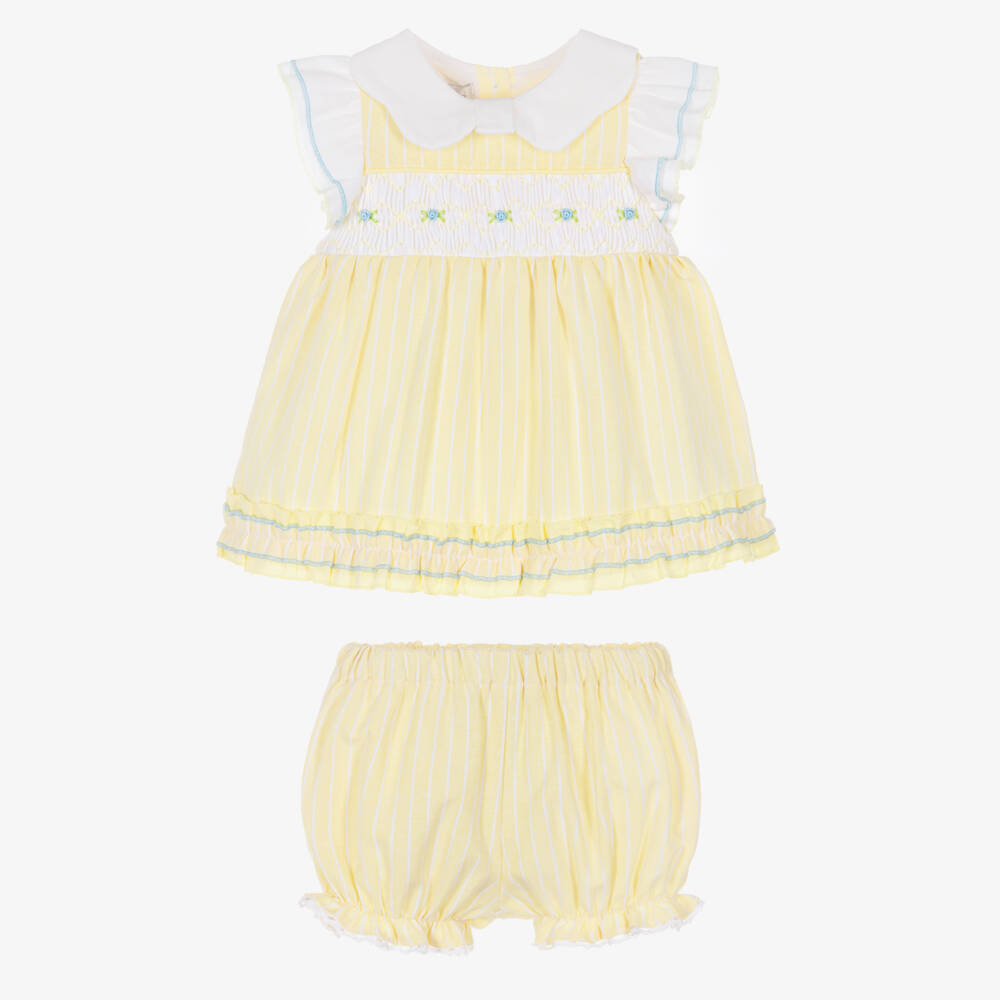 Beau KiD-Girls Yellow Striped Cotton Bloomer Shorts Set with Smocking | Childrensalon
