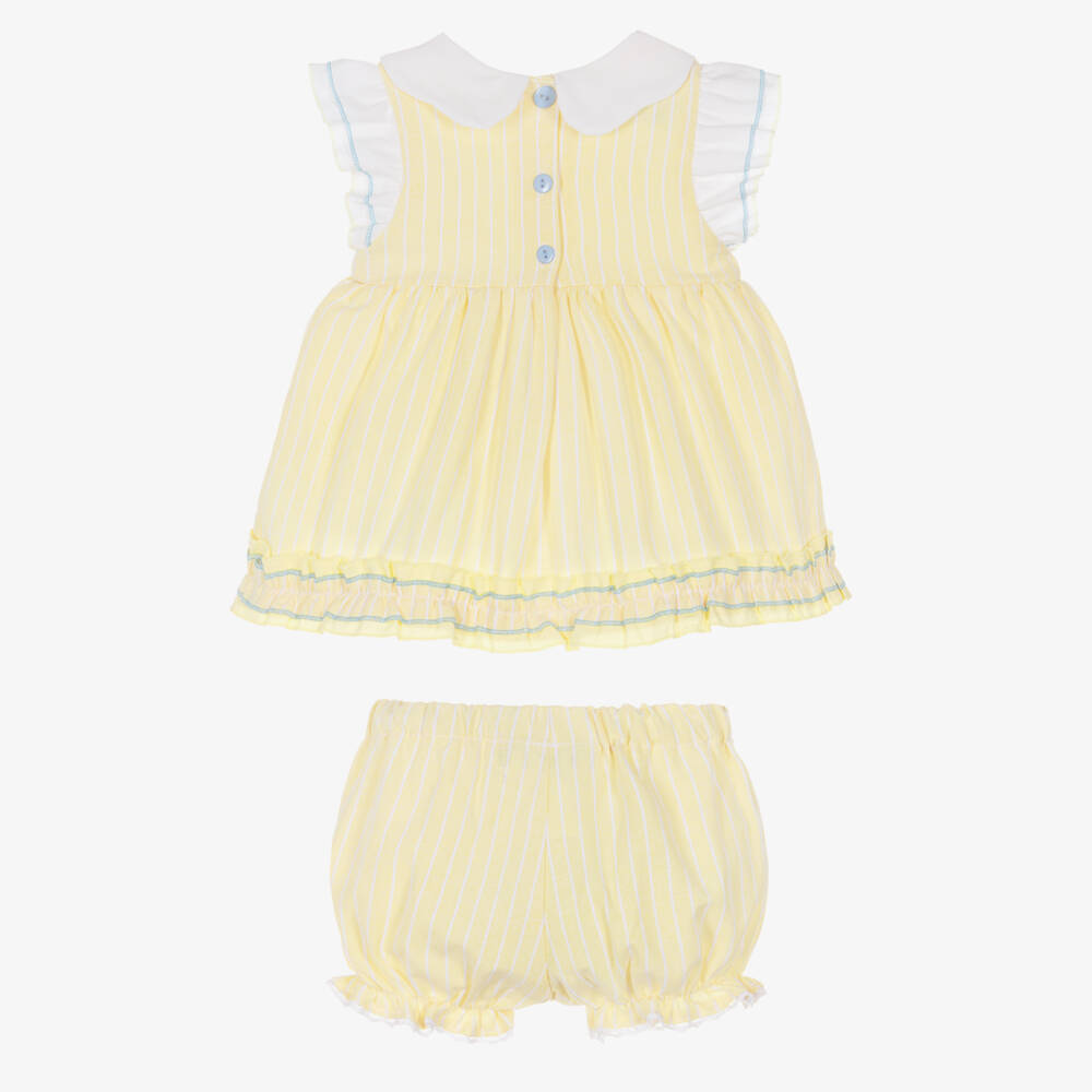 Beau KiD-Girls Yellow Striped Cotton Bloomer Shorts Set with Smocking | Childrensalon